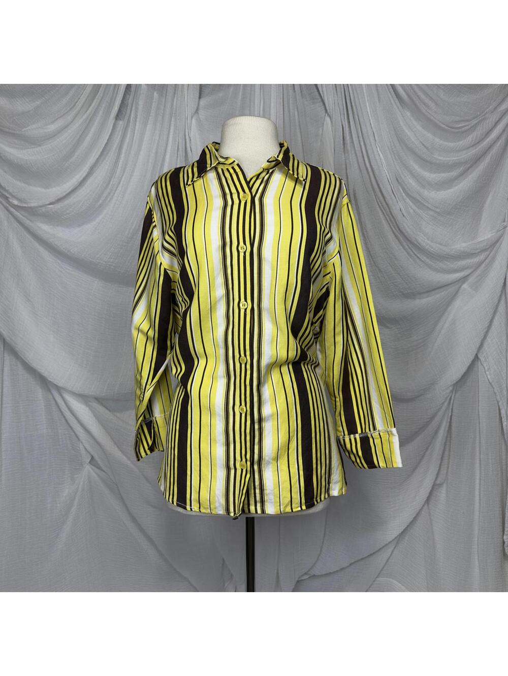 Vintage Indie Minimalist Erica Brooke Yellow Brown Striped Blouse Size 14